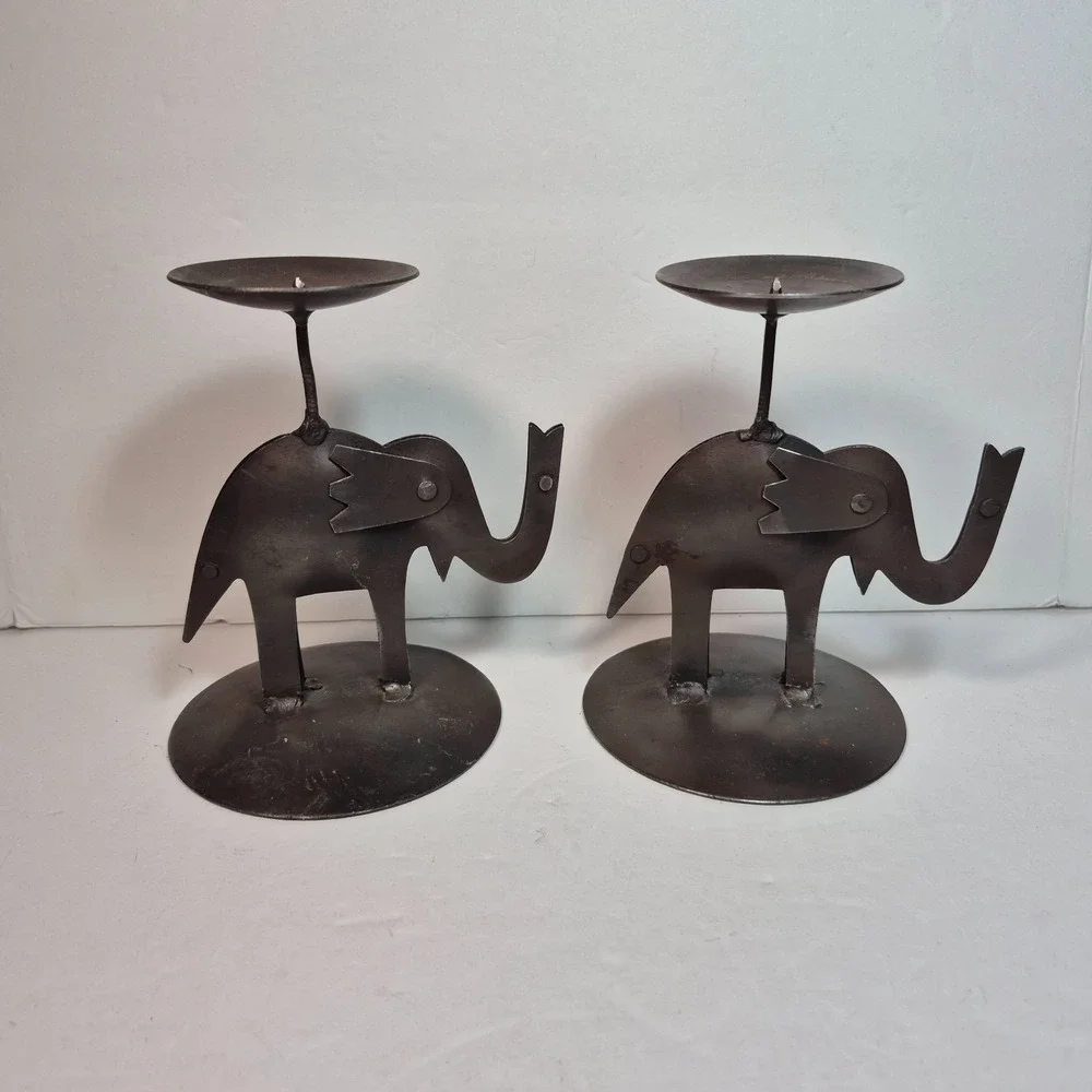 Lot of 2 Vintage Pier 1 Rustic Metal Elephant Candle Holders 5.5